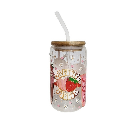Cafecito Y Fresa Glass Tumbler Iced Coffee Cup 16oz Pink Design - Picture 4 of 5